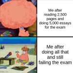 my brain loses dignity | Me after reading 2,500 pages and doing 5,000 essays
for the exam; Me after doing all that and still failing the exam | image tagged in patrick big brain | made w/ Imgflip meme maker