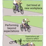 Bike Fall | Get hired at new workplace; Performing beyond expectations; Expectations get raised to reflect my higher performance | image tagged in memes,bike fall | made w/ Imgflip meme maker