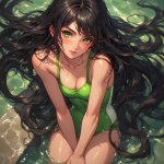 Lucy wearing her bright green swimsuit