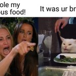 You stole my food... | You stole my delicious food! It was ur brother | image tagged in memes,woman yelling at cat | made w/ Imgflip meme maker