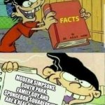 Double d facts book  | MODERN SIMPSONS, SOUTH PARK, FAMILY GUY AND SPONGEBOB SQUAREPANTS ARE A REAL SNOOZEFEST! | image tagged in double d facts book,modern vs classic,snoozefest | made w/ Imgflip meme maker