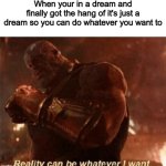 Except going to the toilet.... | When your in a dream and finally got the hang of it's just a dream so you can do whatever you want to | image tagged in reality can be whatever i want,memes,funny,dream,so true,relatable memes | made w/ Imgflip meme maker