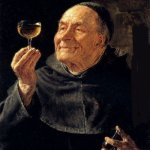 Monk looking at wine