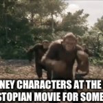 Yea the world just ended | DISNEY CHARACTERS AT THE END OF A DYSTOPIAN MOVIE FOR SOME REASON | image tagged in gifs,disney,dance,monkey | made w/ Imgflip video-to-gif maker