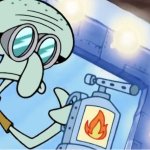 Squidward with flamethrower
