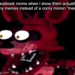 Foxy being surprised asf | facebook moms when i show them actually funny memes instead of a corny minion “meme” | image tagged in foxy being surprised asf | made w/ Imgflip meme maker