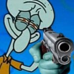 Squidward holding a gun