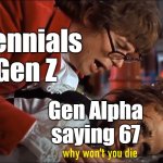 When will this stupid joke die? | Millennials & Gen Z; Gen Alpha saying 67 | image tagged in why won't you die,67,memes,gen alpha,brainrot | made w/ Imgflip meme maker