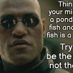 Be The Pond | Think of your mind like a pond full of fish and each fish is a feeling; Try to be the pond, not the fish | image tagged in memes,matrix morpheus,be kind,love wins,the great awakening,knowledge is power | made w/ Imgflip meme maker