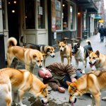 Dogs lapping up puke from a passed out drunk by a Bar