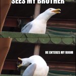 Inhaling Seagull | ME; SEES MY BROTHER; HE ENTERES MY ROOM; I TELL HIM TO LEAVE LIKE I'M A DARK FORCE OF DEATH | image tagged in memes,inhaling seagull | made w/ Imgflip meme maker