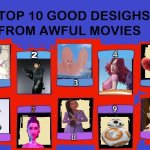 top 10 good designs from awful movies | 4; 2; 5; 3; 1; 9; 7; 8; 10; 6 | image tagged in top 10 good designs from awful movies,top 10,only good parts,cinema,designer,bad movies | made w/ Imgflip meme maker