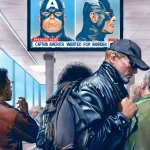 Captain America in front of Wanted poster