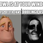 owls | AN OWL IS AT YOUR WINDOW; HARRY POTTER FANS; DUOLINGO USERS | image tagged in mr increible,duolingo,owl | made w/ Imgflip meme maker