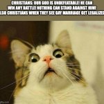 Scared Cat | CHRISTIANS: OUR GOD IS UNDEFEATABLE! HE CAN WIN ANY BATTLE! NOTHING CAN STAND AGAINST HIM!
ALSO CHRISTIANS WHEN THEY SEE GAY MARRIAGE GET LEGALIZED: | image tagged in memes,scared cat,christianity,lgbtq | made w/ Imgflip meme maker
