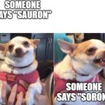 Happy Dog Then Angry Dog | SOMEONE SAYS "SAURON"; SOMEONE SAYS "SORON" | image tagged in happy dog then angry dog | made w/ Imgflip meme maker