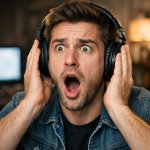 Picture of someone with headphones on, looking shocked.