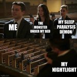 Who really rules the night | ME; THE MONSTER UNDER MY BED; MY SLEEP PARALYSIS DEMON; MY NIGHTLIGHT | image tagged in assassination chain | made w/ Imgflip meme maker