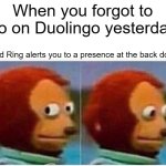 Uh oh... | When you forgot to go on Duolingo yesterday; And Ring alerts you to a presence at the back door | image tagged in memes,monkey puppet,duolingo,run | made w/ Imgflip meme maker