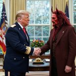 Donald Trump shaking hands with Satan in Oval Office