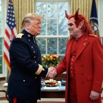 Donald Trump military uniform shaking hands with Satan Lucifer