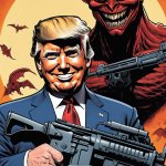Donald Trump and Satan with machine guns