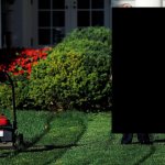 Trump redacted from kids mowing white house lawn meme.
