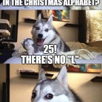 its Christmas time | HOW MANY LETTERS ARE IN THE CHRISTMAS ALPHABET? 25! THERE'S NO "L" | image tagged in bad joke dog,christmas,bad pun | made w/ Imgflip meme maker
