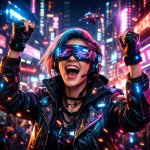 excited cyberpunk girl