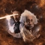 Einstein and Nikola Tesla AI fire effect