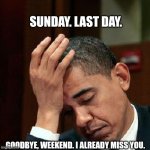 Obama Facepalm 250px | SUNDAY. LAST DAY. GOODBYE, WEEKEND. I ALREADY MISS YOU. | image tagged in obama facepalm 250px,funny memes,sunday,memes,goodbye weekend | made w/ Imgflip meme maker