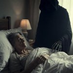 Old Woman in bed with Grim Reaper Ghost of Christmas Future