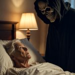 Old Woman in bed with Grim Reaper Ghost of Christmas Future