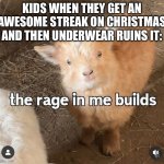 Very first image of this meme template | KIDS WHEN THEY GET AN AWESOME STREAK ON CHRISTMAS AND THEN UNDERWEAR RUINS IT: | image tagged in the rage in me builds | made w/ Imgflip meme maker