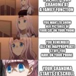 Luckily she didn't find any of the inappropriate stuff. | YOU MEET YOUR GRANDMA AT A FAMILY FUNCTION; YOU WANT TO SHOW HER PICTURES OF YOUR CAT ON YOUR PHONE; YOU REMEMBER ALL THE INAPPROPRIATE STUFF YOU HAVE ON YOUR PHONE; YOUR GRANDMA STARTS TO SCROLL | image tagged in chika template | made w/ Imgflip meme maker