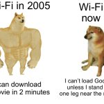 Wi-Fi now; I can’t load Google unless I stand on one leg near the router | Wi-Fi in 2005; Wi-Fi now; I can’t load Google unless I stand on one leg near the router; I can download a movie in 2 minutes | image tagged in memes,buff doge vs cheems,wifi,wifi drops,google,loading | made w/ Imgflip meme maker