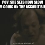 I'm cooked | POV: SHE SEES HOW SLOW I'M GOING ON THE ASSAULT BIKE | image tagged in gifs,pain,assault bike,slow,buffalo bill | made w/ Imgflip video-to-gif maker