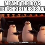 THE WORLD IS SAVED | ME AND THE BOYS AFTER CHRISTMAS IS OVER; MARIAH CAREY | image tagged in well boys we did it blank is no more,mariah carey,all i want for christmas is you,memes,funny,christmas | made w/ Imgflip meme maker