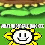 true but why do they look the same | WHAT PVZ FANS SEE; WHAT UNDERTALE FANS SEE | image tagged in pvz sunflower,pvz,undertale,sunflower,flowey | made w/ Imgflip meme maker
