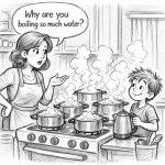 Mum is asking son why you boiling so much water