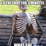 5 minutes more like 5 centuries | POV MY MUM TELLS ME TO WAIT WHILE SHE GOES TO THE SHOP FOR 5 MINUTES; WHAT SHE COMES BACK TO | image tagged in memes,waiting skeleton | made w/ Imgflip meme maker