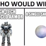 PayDay 2 is a fun game. It's even better with all of its jank. | HIGH-TECH ADVANCED ARMOR; A SINGLE SNOWBALL | image tagged in memes,who would win | made w/ Imgflip meme maker