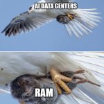 No RAM for you and me | AI DATA CENTERS; RAM | image tagged in small animal caught by a predator,computers,pc gaming,ram,artificial intelligence | made w/ Imgflip meme maker