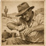 A man is trying to open a can with his hands in the desert