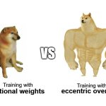 Cheems vs Buff Doge | VS; Training with; Training with; traditional weights; eccentric overload | image tagged in cheems vs buff doge | made w/ Imgflip meme maker