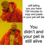 Seriously though who is jeff | Jeff telling you you have 120 minutes to copy and paste or your pet will die; You didn’t and your pet is still alive | image tagged in memes,drake hotline bling,jeff,relatable,funny | made w/ Imgflip meme maker
