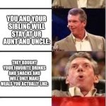 W month | YOUR MOM WILL BE IN CONGO FOR A MONTH:; YOU AND YOUR SIBLING WILL STAY AT UR AUNT AND UNCLE:; THEY BOUGHT YOUR FAVORITE DRINKS AND SNACKS AND WILL ONLY MAKE MEALS YOU ACTUALLY LIKE:; "YOU CAN PLAY GAMES ALL DAY" | image tagged in wwe shocked | made w/ Imgflip meme maker