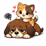 Cute kitten sitting on a depressed puppy