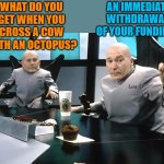 what do you get? | AN IMMEDIATE WITHDRAWAL OF YOUR FUNDING. WHAT DO YOU GET WHEN YOU CROSS A COW WITH AN OCTOPUS? | image tagged in lou and mini lou,joke | made w/ Imgflip meme maker