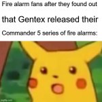 Gentex Commander 5 fire alarm fan reaction | Fire alarm fans after they found out; that Gentex released their; Commander 5 series of fire alarms: | image tagged in memes,surprised pikachu | made w/ Imgflip meme maker